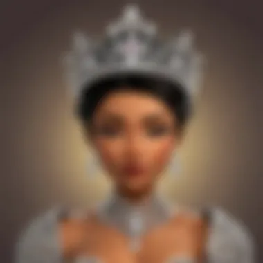 Digital avatars adorned with extravagant tiaras in a gaming environment