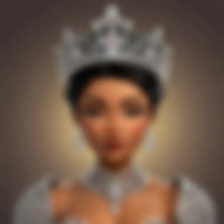 Digital avatars adorned with extravagant tiaras in a gaming environment
