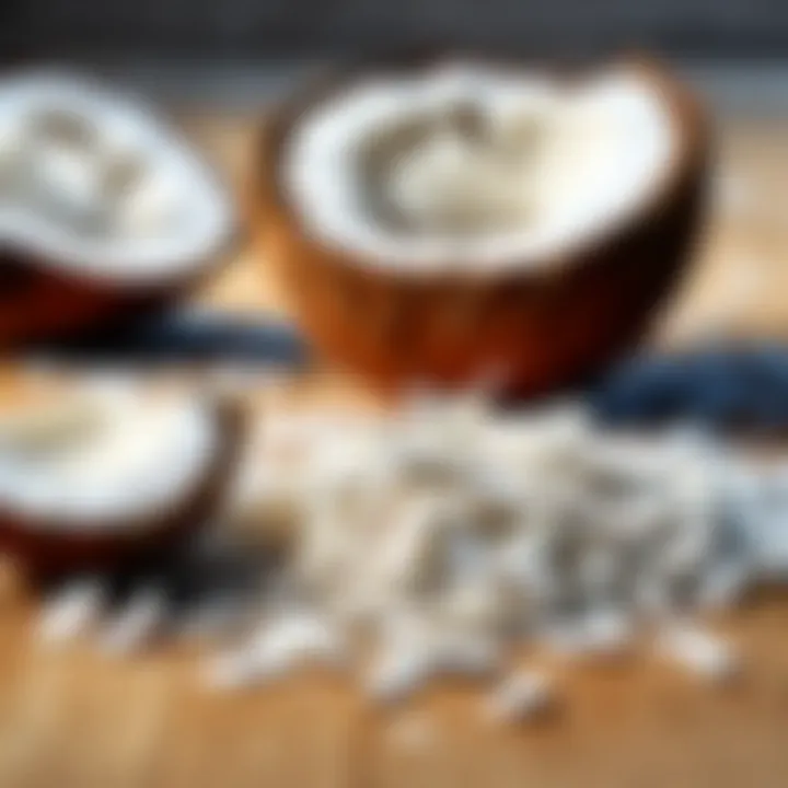 Close-up of coconut shreds produced by a shredder