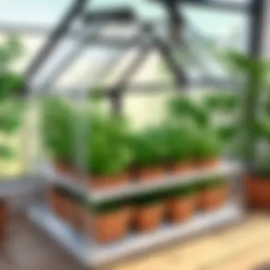 Interior view of a mini greenhouse filled with fresh herbs