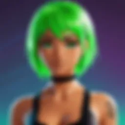 A vibrant avatar showcasing neon green hair against a colorful Roblox landscape.