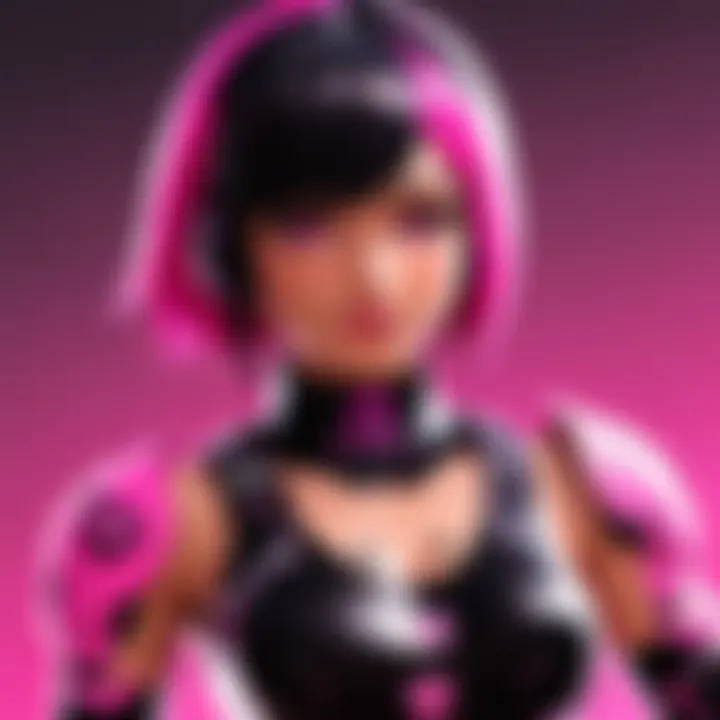 Stylish avatar featuring black and pink hair in a virtual gaming environment.