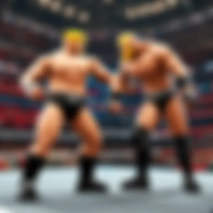 Game mechanics showcasing wrestling moves within Roblox