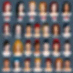 Custom avatar showcasing various hairstyles and colors in Roblox