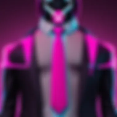 A digital avatar wearing a neon pink tie in a virtual environment, representing its role in gaming.