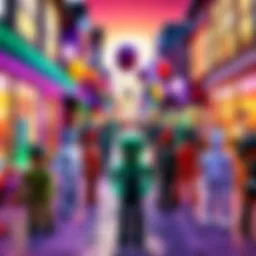 A vibrant virtual gathering space filled with colorful decorations and avatars enjoying themselves.