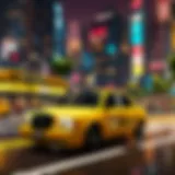 A vibrant taxi driving scene within a Roblox game.