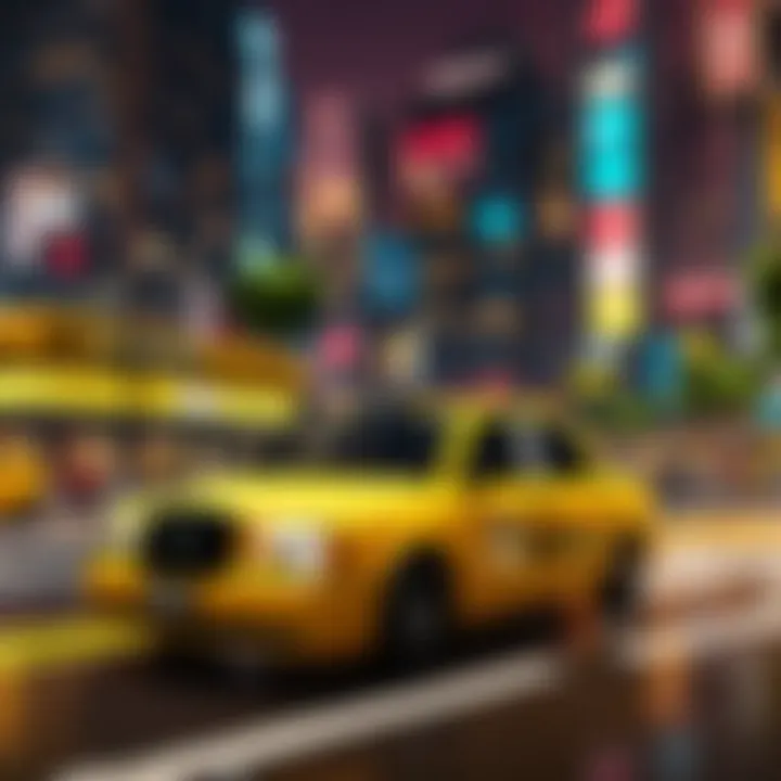 A vibrant taxi driving scene within a Roblox game.