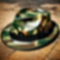 A vintage camouflage fedora hat displayed on a rustic wooden table.