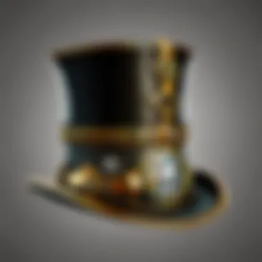 A detailed depiction of a steam punk top hat adorned with gears and goggles, highlighting its unique design.
