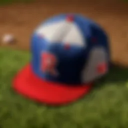 A traditional Nippon baseball hat displayed against a backdrop of a baseball field.